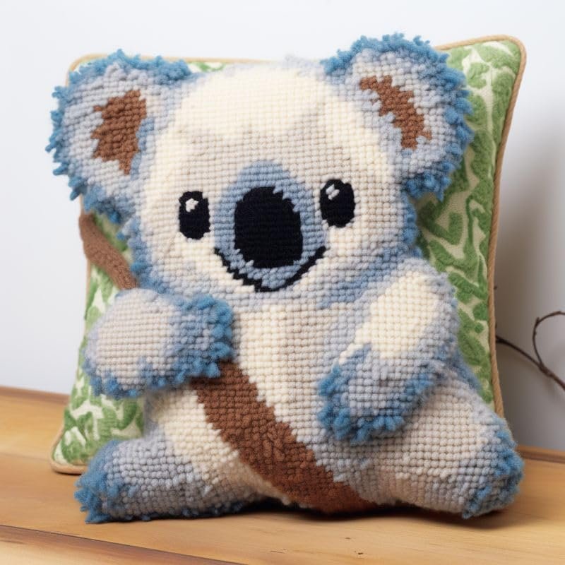Koala Baby Latch Hook Kits Pillow Cover DIY Rug Crochet Hook Cushion Making Kits with Preprinted Pattern Canvas Rug Making Christmas Decoration DIY Crochet Kits 43x43cm(d41)