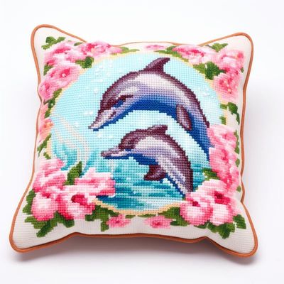 Flower Dolphins Latch Hook Kits Pillow Cover DIY Rug Crochet Hook Cushion Making Kits with Preprinted Pattern Canvas Rug Making Christmas Decoration DIY Crochet Kits 43x43cm(53)