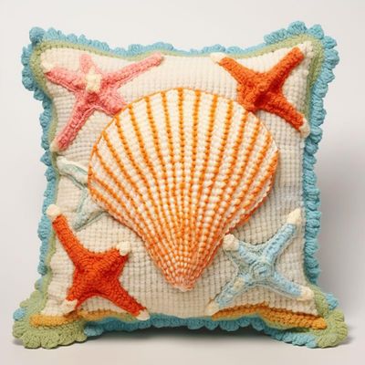 Beige Shell Conch Starfish of Seaside Latch Hook Kits Pillow Cover DIY Rug Crochet Hook Cushion Making Kits with Preprinted Pattern Canvas Rug Making Christmas Decoration 43x43cm(u006)