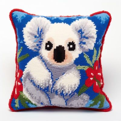 Cute Blue Koala Latch Hook Kits Pillow Cover DIY Rug Crochet Hook Cushion Making Kits with Preprinted Pattern Canvas Rug Making Christmas Decoration DIY Crochet Kits 43x43cm(d17)