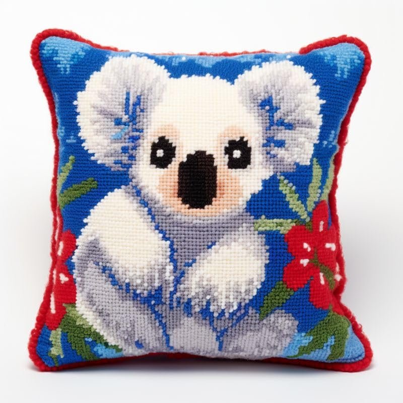 Cute Blue Koala Latch Hook Kits Pillow Cover DIY Rug Crochet Hook Cushion Making Kits with Preprinted Pattern Canvas Rug Making Christmas Decoration DIY Crochet Kits 43x43cm(d17)