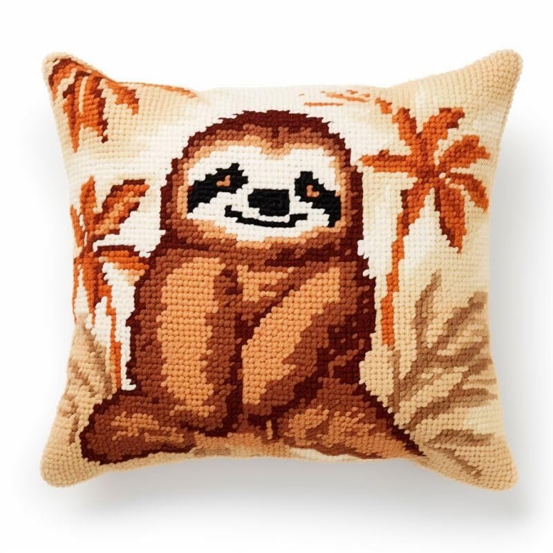Sloth Animal Latch Hook Kits Pillow Cover DIY Rug Crochet Hook Cushion Making Kits with Preprinted Pattern Canvas Rug Making Christmas Decoration DIY Crochet Kits 43x43cm(d64)