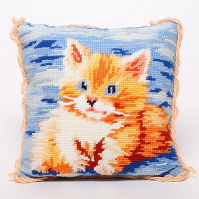 Cute Kitten Latch Hook Kits Pillow Cover DIY Rug Crochet Hook Cushion Making Kits with Preprinted Pattern Canvas Rug Making Christmas Decoration DIY Crochet Kits 43x43cm