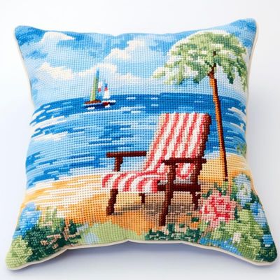 Beach View Lighthouse Latch Hook Kits Pillow Cover DIY Rug Crochet Hook Cushion Making Kits with Preprinted Pattern Canvas Rug Making Christmas Decoration DIY Crochet Kits 43x43cm(61)