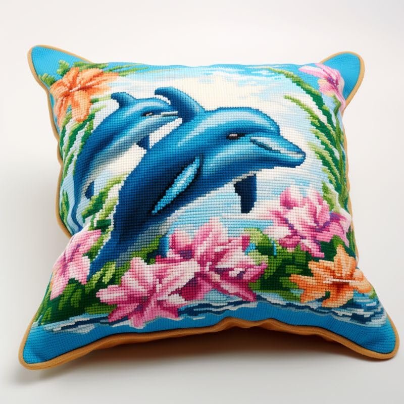 Flowers Dolphin Latch Hook Kits Pillow Cover DIY Rug Crochet Hook Cushion Making Kits with Preprinted Pattern Canvas Rug Making Christmas Decoration DIY Crochet Kits 43x43cm(d2)
