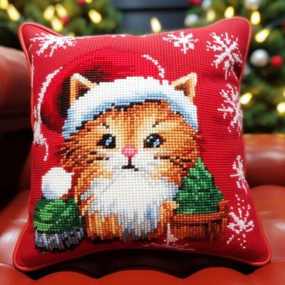 Christmas Cat Red Latch Hook Kits Pillow DIY Rug Crochet Hook Cushion Making Kits with Preprinted Canvas Pattern and Latch Hooking Pillow Cover of Starter DIY Kits 43x43cm(c2)