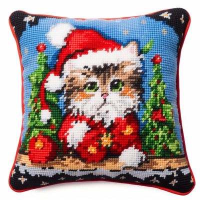 Christmas Cat Latch Hook Kits Pillow DIY Rug Crochet Hook Cushion Making Kits with Preprinted Canvas Pattern and Latch Hooking Pillow Cover of Starter DIY Kits 43x43cm(c7)