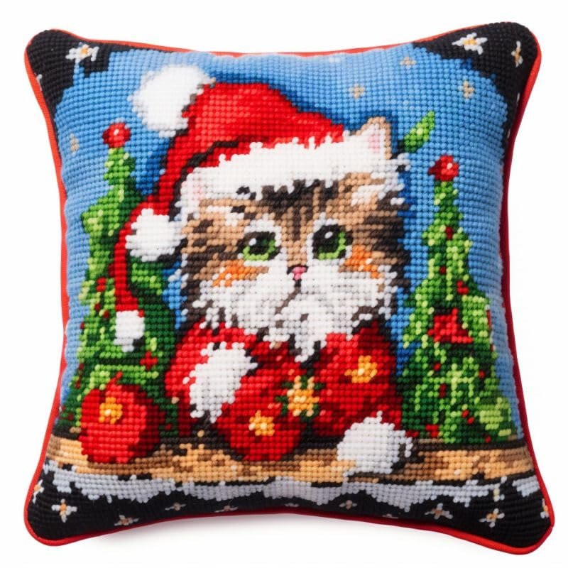 Christmas Cat Latch Hook Kits Pillow DIY Rug Crochet Hook Cushion Making Kits with Preprinted Canvas Pattern and Latch Hooking Pillow Cover of Starter DIY Kits 43x43cm(c7)