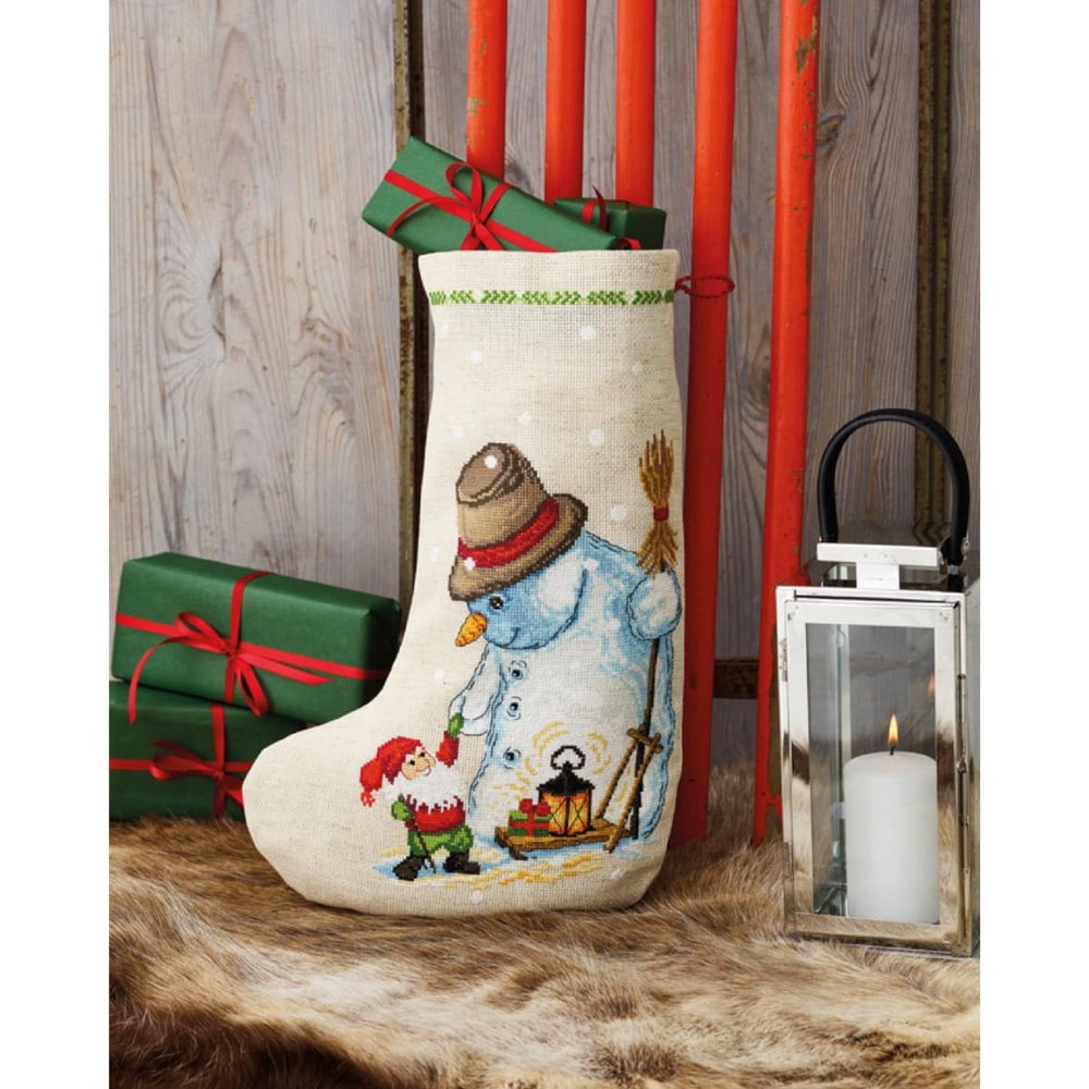 Permin Cross Stitch Embroidery Kit Christmas Stocking Snowman Counted Pattern 28 x 42 cm