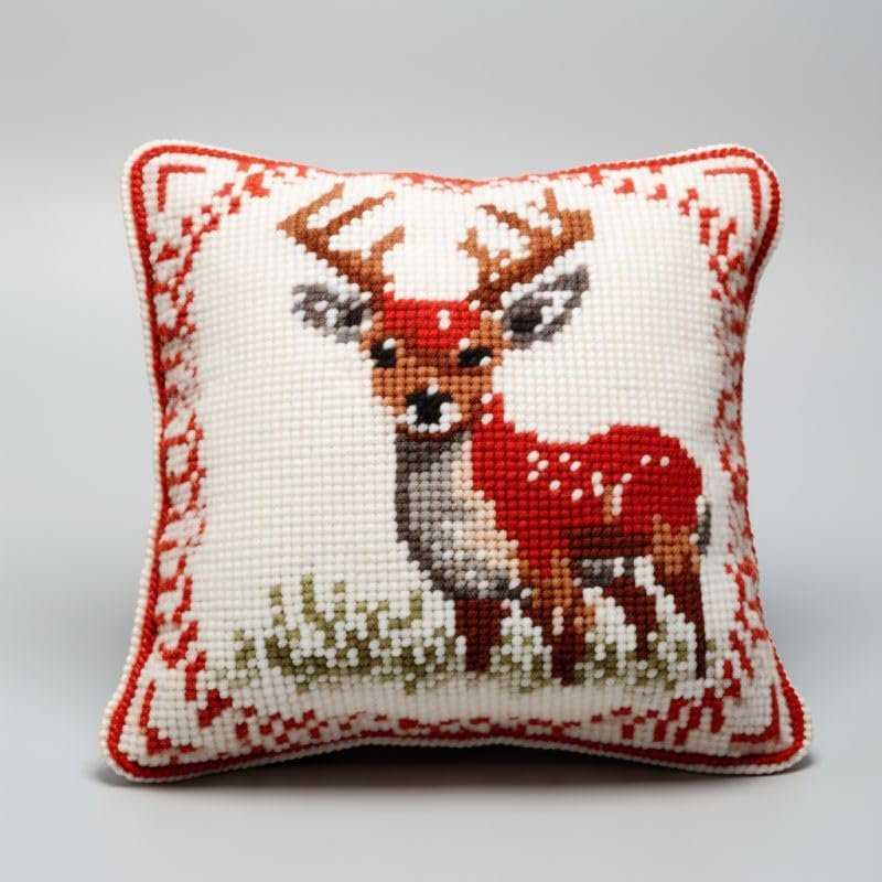Flower Deer Latch Hook Kits Pillow DIY Rug Crochet Hook Cushion Making Kits with Preprinted Pattern Canvas Instruction Yarns Easy Starter Christmas Decoration Hooking DIY Kits 43x43cm(d16)