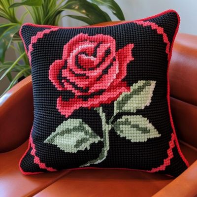 Red Rose Flower Latch Hook Kits Pillow DIY Rug Crochet Hook Pillowcase Mat Making Kits with Preprinted Pattern Canvas Starter Christmas Decoration Hooking DIY Kits 43x43cm(Y119)