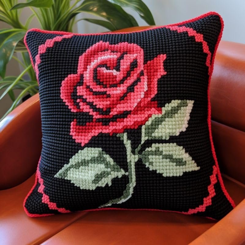 Red Rose Flower Latch Hook Kits Pillow DIY Rug Crochet Hook Pillowcase Mat Making Kits with Preprinted Pattern Canvas Starter Christmas Decoration Hooking DIY Kits 43x43cm(Y119)