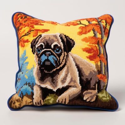Autumn Dog Latch Hook Kits Pillow DIY Rug Crochet Hook Cushion Making Kits with Preprinted Pattern Canvas Instruction Yarns Easy Starter Christmas Decoration Hooking DIY Kits 43x43cm(d63)