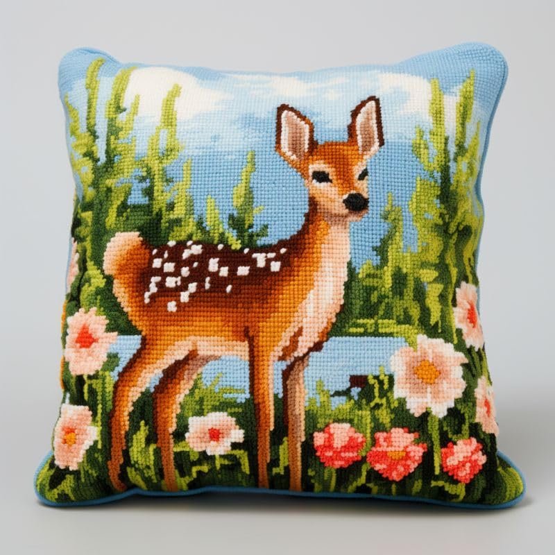 Flower Sika Deer Latch Hook Kits Pillow DIY Rug Crochet Hook Cushion Making Kits with Preprinted Pattern Canvas Instruction Yarns Easy Starter Christmas Decoration Hooking DIY Kits 43x43cm(d25)