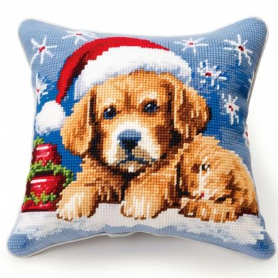 Christmas House Dogs Latch Hook Kits Pillow DIY Rug Crochet Hook Cushion Making Kits with Preprinted Pattern Canvas Instruction Yarns Easy Starter Christmas Decoration Hooking DIY Kits 43x43cm(d51)