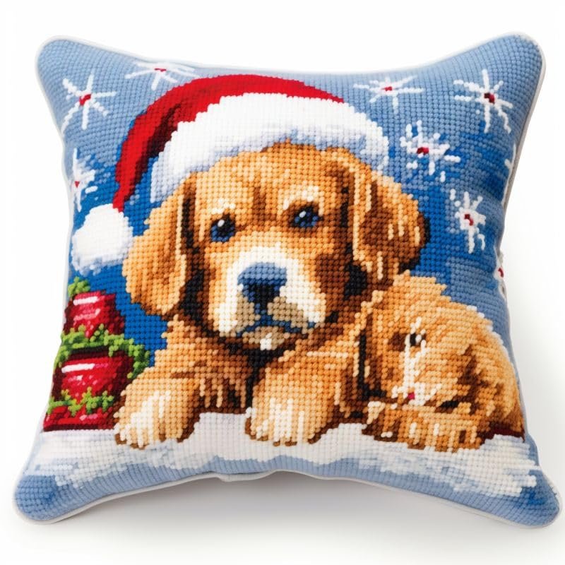 Christmas House Dogs Latch Hook Kits Pillow DIY Rug Crochet Hook Cushion Making Kits with Preprinted Pattern Canvas Instruction Yarns Easy Starter Christmas Decoration Hooking DIY Kits 43x43cm(d51)