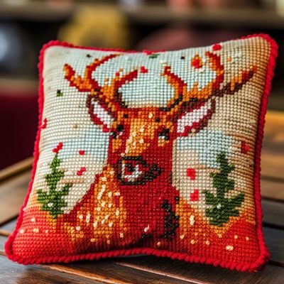 Christmas Deer Latch Hook Kits Pillow DIY Rug Crochet Hook Cushion Making Kits with Preprinted Pattern Canvas Instruction Yarns Easy Starter Christmas Decoration Hooking DIY Kits 43x43cm(d106)