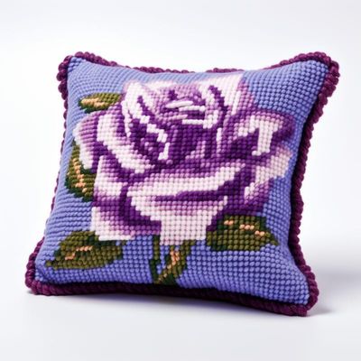 Purple Rose Rose Flower Latch Hook Kits Pillow DIY Rug Crochet Hook Pillowcase Mat Making Kits with Preprinted Pattern Canvas Starter Christmas Decoration Hooking DIY Kits 43x43cm(Y111)