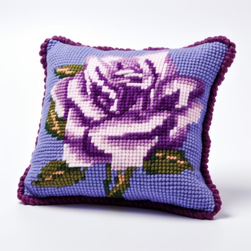 Purple Rose Rose Flower Latch Hook Kits Pillow DIY Rug Crochet Hook Pillowcase Mat Making Kits with Preprinted Pattern Canvas Starter Christmas Decoration Hooking DIY Kits 43x43cm(Y111)