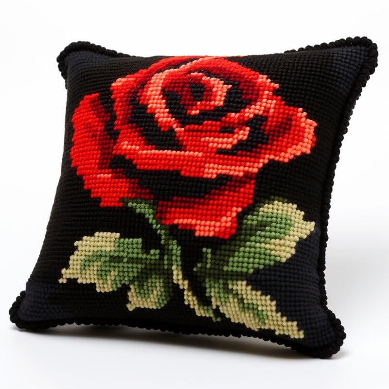 Rose Flower Latch Hook Kits Pillow DIY Rug Crochet Hook Pillowcase Mat Making Kits with Preprinted Pattern Canvas Starter Christmas Decoration Hooking DIY Kits 43x43cm(Y95)