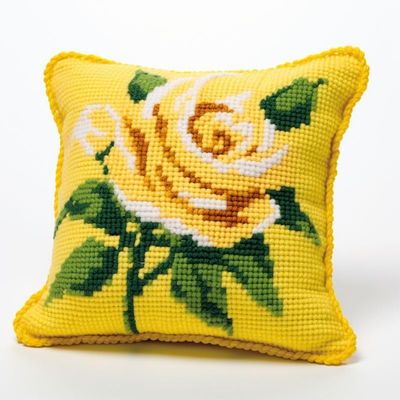 Yellow Rose Flower Latch Hook Kits Pillow DIY Rug Crochet Hook Pillowcase Mat Making Kits with Preprinted Pattern Canvas Starter Christmas Decoration Hooking DIY Kits 43x43cm(Y85)