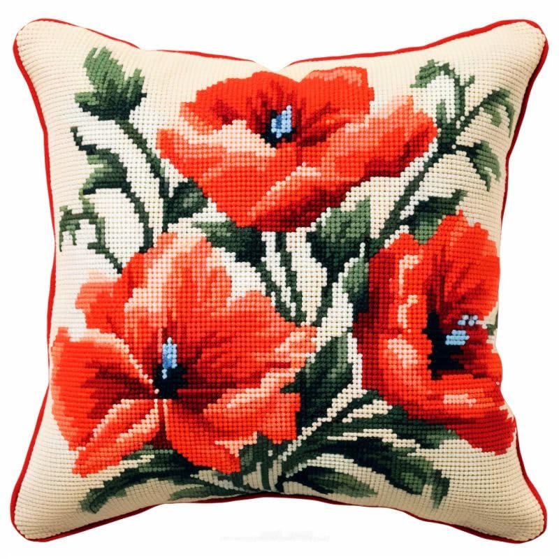 Red Poppy Flower Latch Hook Kits Pillow DIY Rug Crochet Hook Pillowcase Mat Making Kits with Preprinted Pattern Canvas Starter Christmas Decoration Hooking DIY Kits 43x43cm(Y7)