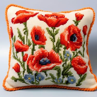 Red Poppy Flower Latch Hook Kits Pillow DIY Rug Crochet Hook Pillowcase Mat Making Kits with Preprinted Pattern Canvas Starter Christmas Decoration Hooking DIY Kits 43x43cm(Y26)