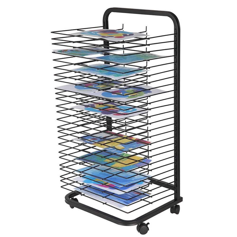 School Art Drying Racks, Painting Stand, for Classroom Paint Drying Rack Mobile Metal Wire Drying Shelf Artwork Storage Display Rack with Wheels, Power Coated, Ideal for Schools and Art Clubs, Black (
