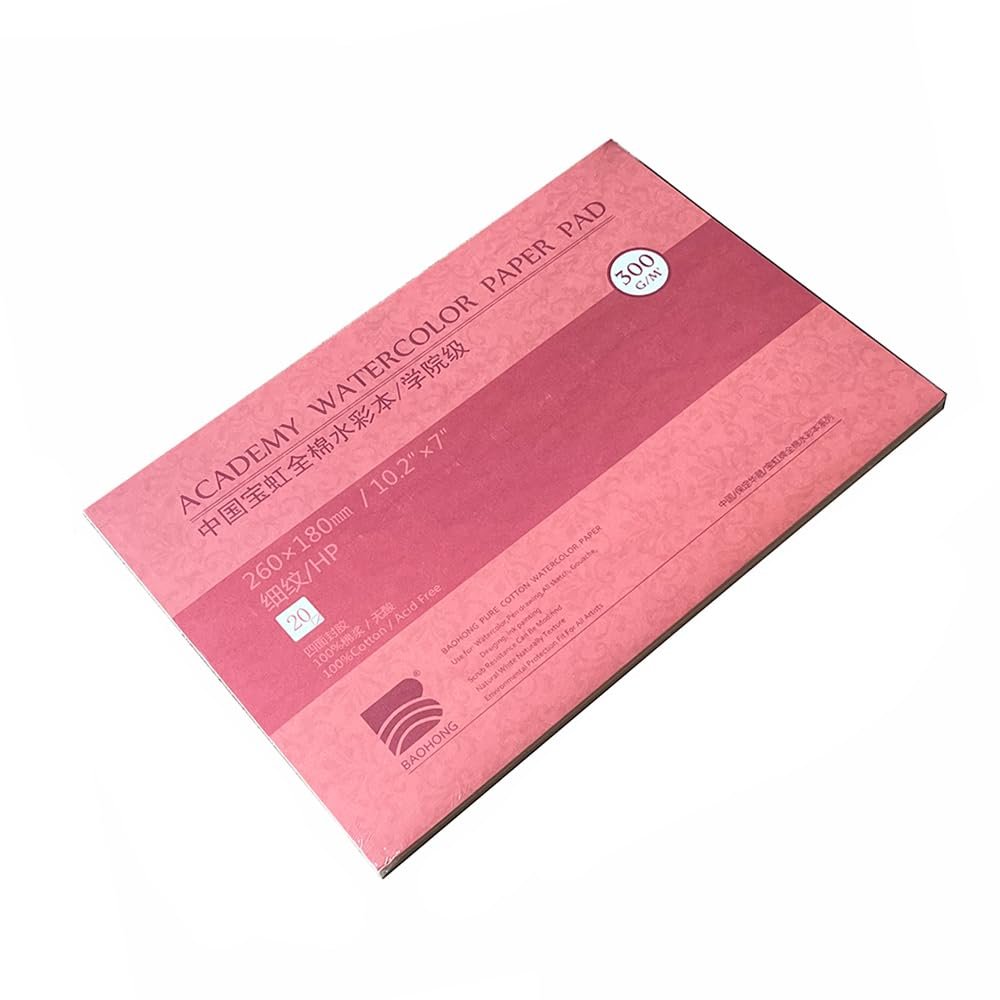 B.H Academy Watercolor Paper pad 100% Cotton Paper Four-Sided 140 lb /300gsm Cotton Pulp Watercolor Paper - Perfect for Watercolor, Gouache, Ink, Acrylic 16k 18cm*26cm (7in*10.2in Hot Pressed)