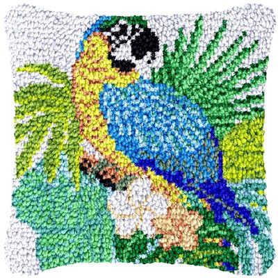 Blue Yellow Parrot Latch Hook Kits Pillow Cover DIY Rug Crochet Hook Cushion Making Kits with Preprinted Pattern Canvas Rug Making Starter DIY Crochet Kits Decoration 43x43cm