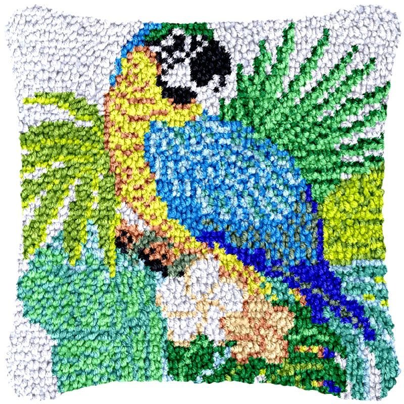 Blue Yellow Parrot Latch Hook Kits Pillow Cover DIY Rug Crochet Hook Cushion Making Kits with Preprinted Pattern Canvas Rug Making Starter DIY Crochet Kits Decoration 43x43cm