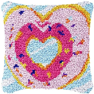 Pink Donut Latch Hook Kits Pillow Cover DIY Rug Crochet Hook Cushion Making Kits with Preprinted Pattern Canvas Rug Making Starter DIY Crochet Kits Decoration 43x43cm