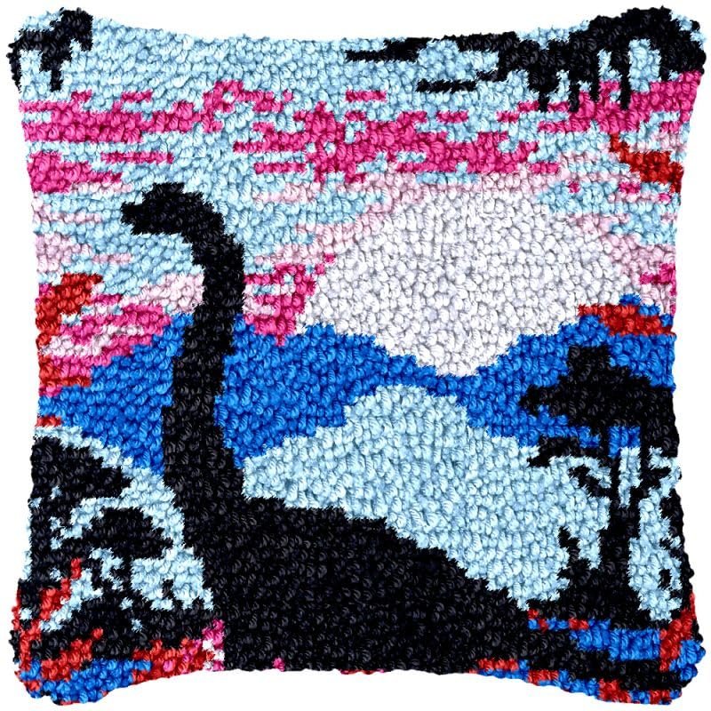 Sunset Plesiosaur Latch Hook Kits Pillow Cover DIY Rug Crochet Hook Cushion Making Kits with Preprinted Pattern Canvas Rug Making Starter DIY Crochet Kits Decoration 43x43cm