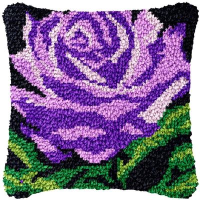 Purple Rose Latch Hook Kits Pillow Cover DIY Rug Crochet Hook Cushion Making Kits with Preprinted Pattern Canvas Rug Making Starter DIY Crochet Kits Decoration 43x43cm