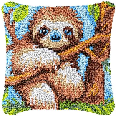 A Cartoon Baby Sloth on Tree Latch Hook Pillow Kits Printed Embroidery Pillowcase DIY Crochet Yarn Hooking Craft Rug Cushion for Home Christmas Decor and Gift 43x43cm(1)