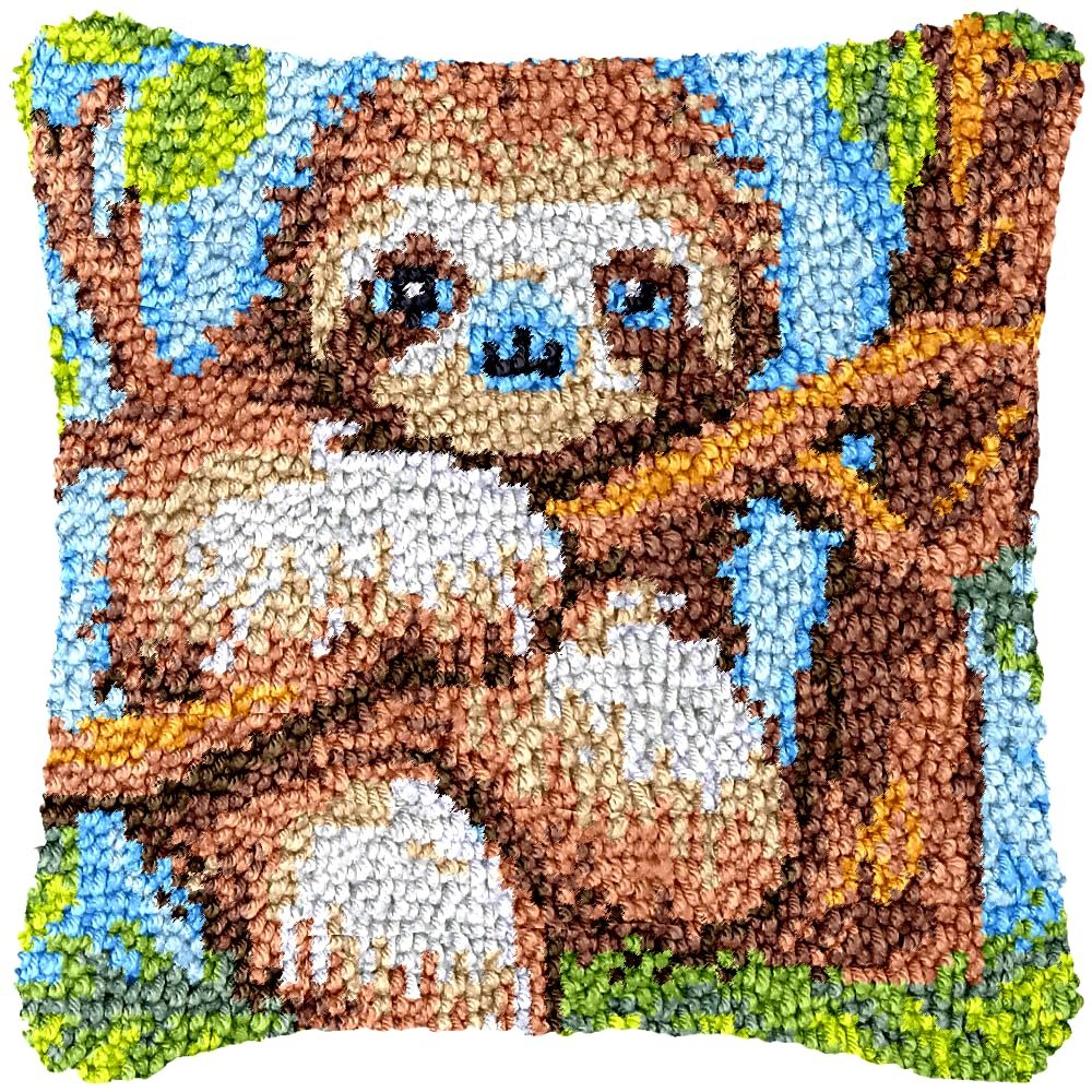 A Cartoon Baby Sloth on Tree Latch Hook Pillow Kits Printed Embroidery Pillowcase DIY Crochet Yarn Hooking Craft Rug Cushion for Home Christmas Decor and Gift 43x43cm(1)