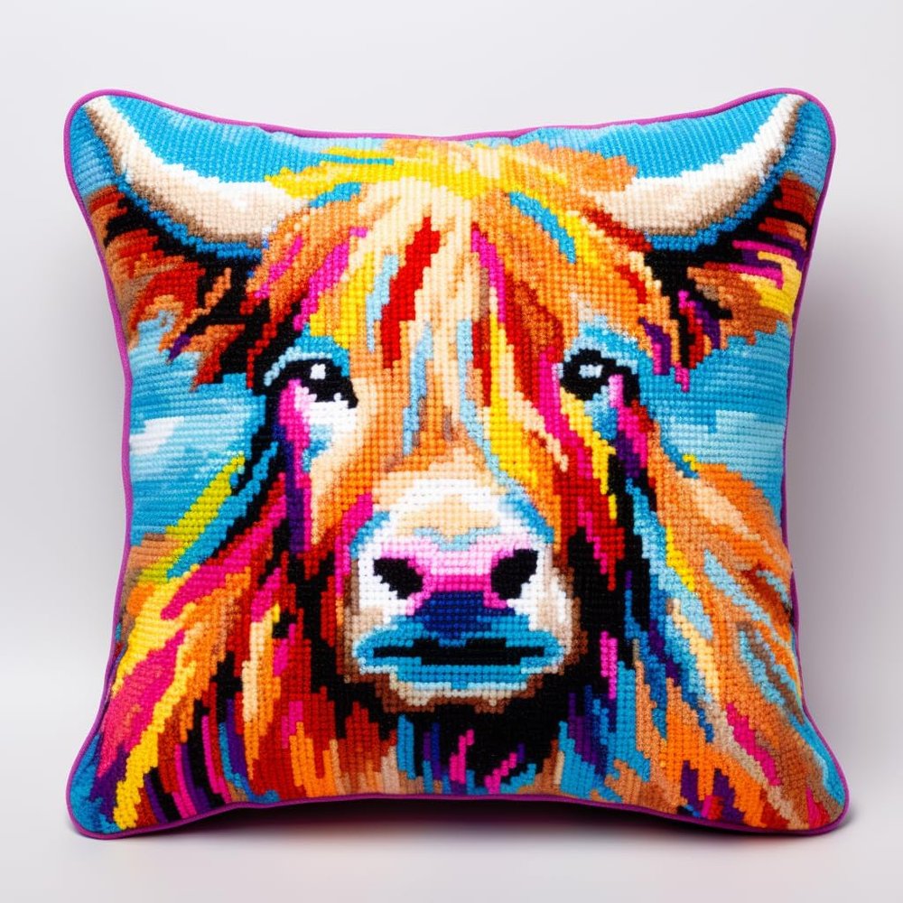 Baby Sccotish Highland Cow Latch Hook Pillow Kits Printed Embroidery Pillowcase DIY Crochet Yarn Hook and Latch Craft Art Cushion for Home Christmas Decor and Gift 43x43cm(4)