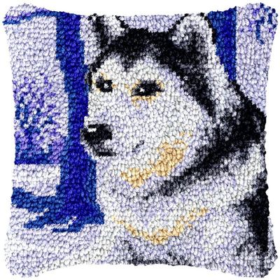 Snow Wolf Latch Hook Kits Pillow Cover DIY Rug Making Crochet Hook Cushion Making Kits with Preprinted Pattern Canvas DIY Needlework Crochet Kits Christmas Decoration 43x43cm