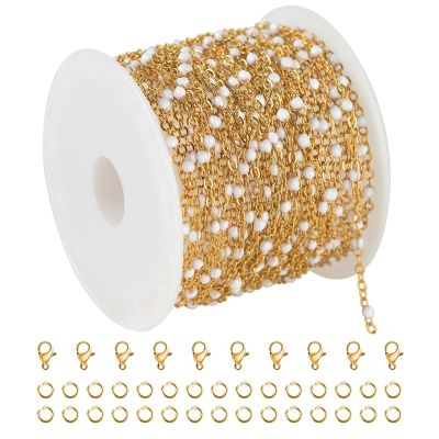 KYUNHOO 16.4 Feet/5M Stainless Steel Beaded Chain for Jewelry Making - Gold Plated Bulk Thin Cable Link With Findings for DIY Craft