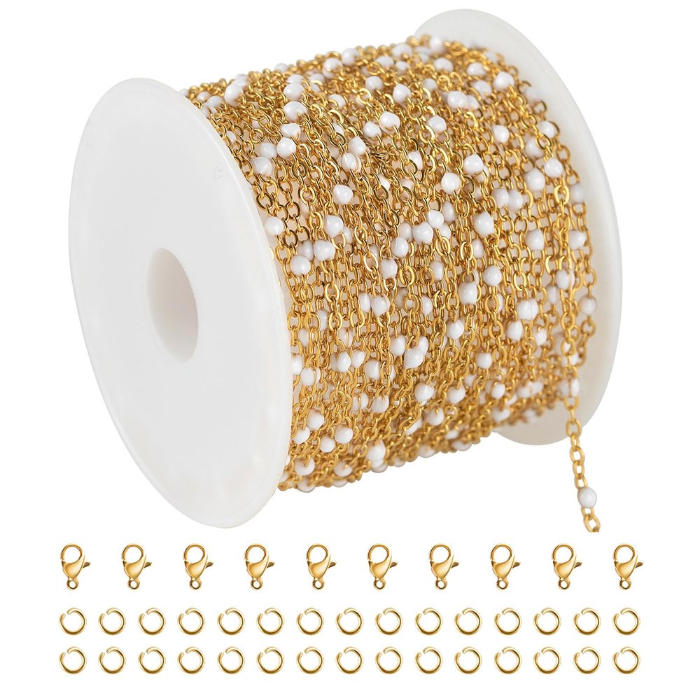 KYUNHOO 16.4 Feet/5M Stainless Steel Beaded Chain for Jewelry Making - Gold Plated Bulk Thin Cable Link With Findings for DIY Craft