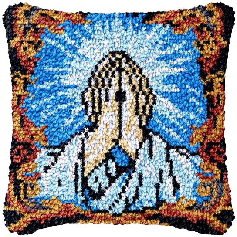 Beginner Latch Hook Pillow Kits Set Praying Hands Sofa Cushion Cover Latch Hook Carpet Rug Acrylic Yarn,Pillowcase Craft Kits with Printed Canvas for Starter 17 x 17 Inch