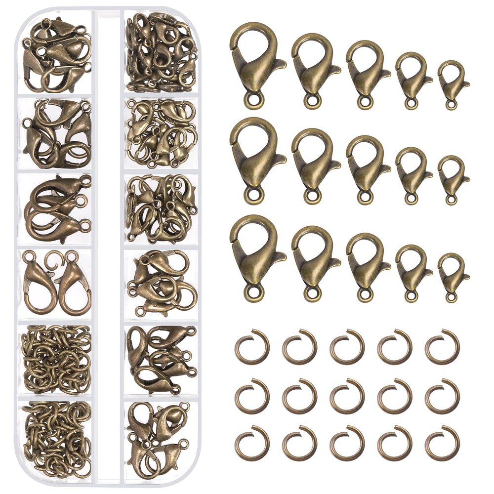 Tanstic 170Pcs Bronze Lobster Claw Clasps with Open Jump Rings Kit, 10mm, 12mm, 14mm, 16mm, 18mm Alloy Small Jewelry Clasps Lobster Clasps and 6mm Jump Rings for DIY Jewelry Making