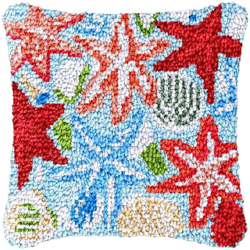 Beginner Latch Hook Pillow Kits Set Colorful Starfish Sofa Cushion Cover Latch Hook Carpet Rug Acrylic Yarn,Pillowcase Craft Kits with Printed Canvas for Starter 17 x 17 Inch