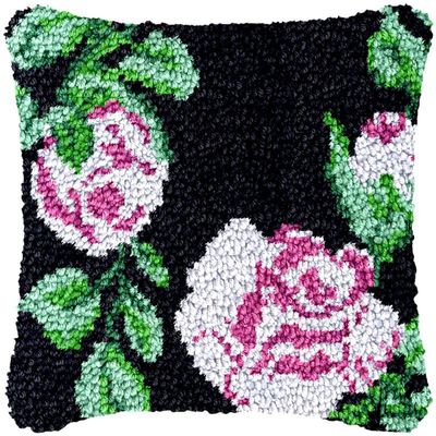 Latch Hook Kits Pillow Cover Pink Rose DIY Rug Crochet Hook Cushion Making Kits with Preprinted Pattern Canvas Rug Making Starter DIY Crochet Kits Christmas Decoration 43x43cm