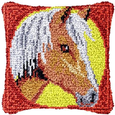 Latch Hook Kits Pillow Cover Horse DIY Rug Crochet Hook Cushion Making Kits with Preprinted Pattern Canvas Rug Making Starter DIY Crochet Kits Christmas Decoration 43x43cm