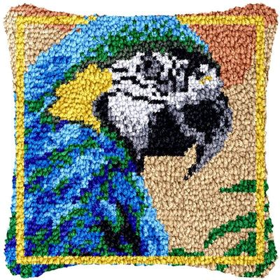 Latch Hook Kits Pillow Cover Blue Parrot DIY Rug Crochet Hook Cushion Making Kits with Preprinted Pattern Canvas Rug Making Starter DIY Crochet Kits Christmas Decoration 43x43cm