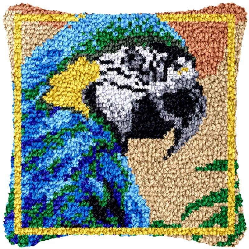 Latch Hook Kits Pillow Cover Blue Parrot DIY Rug Crochet Hook Cushion Making Kits with Preprinted Pattern Canvas Rug Making Starter DIY Crochet Kits Christmas Decoration 43x43cm