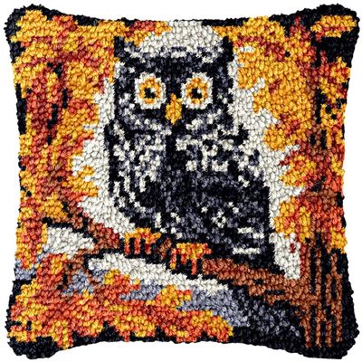 Black White Owl in Brown Tree Latch Hook Pillow Kits Color Printed Pillowcase DIY Crochet Yarn Hook and Latch Craft Rug Cushion for Home Christmas Decor and Gift 43x43cm