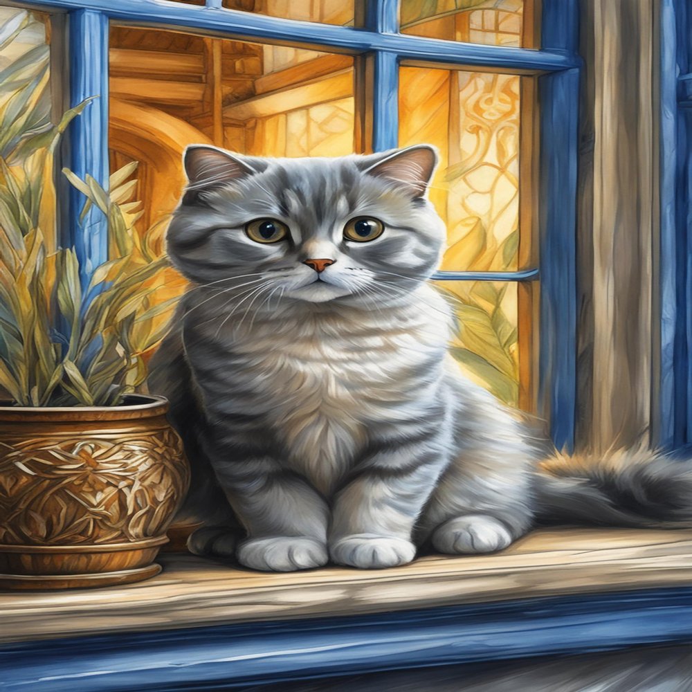 Animals 5D DIY Diamond Painting Kits for Adults,Scottish Fold Cat Round Full Drill Diamond Art Kits,Cat On Window Sill Paint with Diamonds Crafts for Home Wall Decoration Gifts 16x24inch
