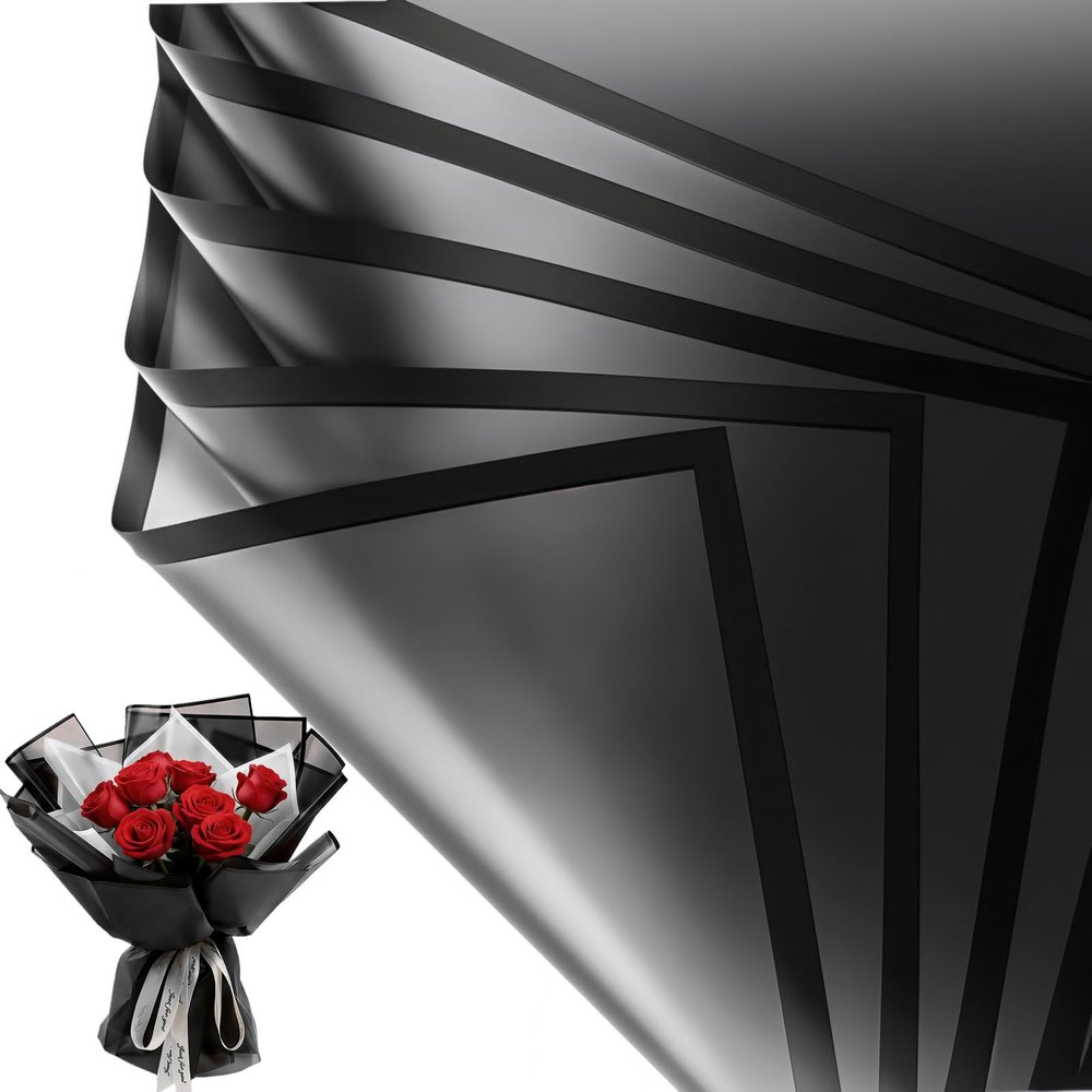 Jutieuo 20 Sheets Black Flower Wrapping Paper, Waterproof Translucent Korean Floral Paper for Flower Bouquet Wraps Gift Packaging Florist Supplies (22.8 x 22.8 inch)